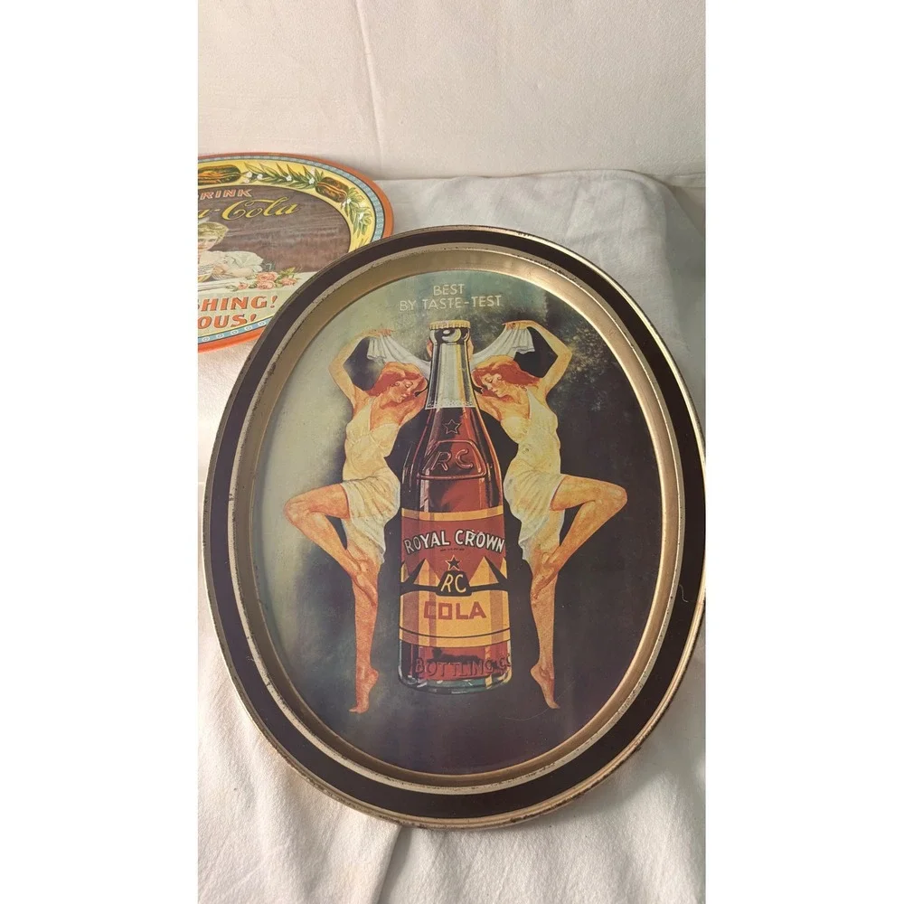 Vintage Coca-Cola 75th Anniversary & Royal Crown RC Cola Tin Serving Trays Set 2